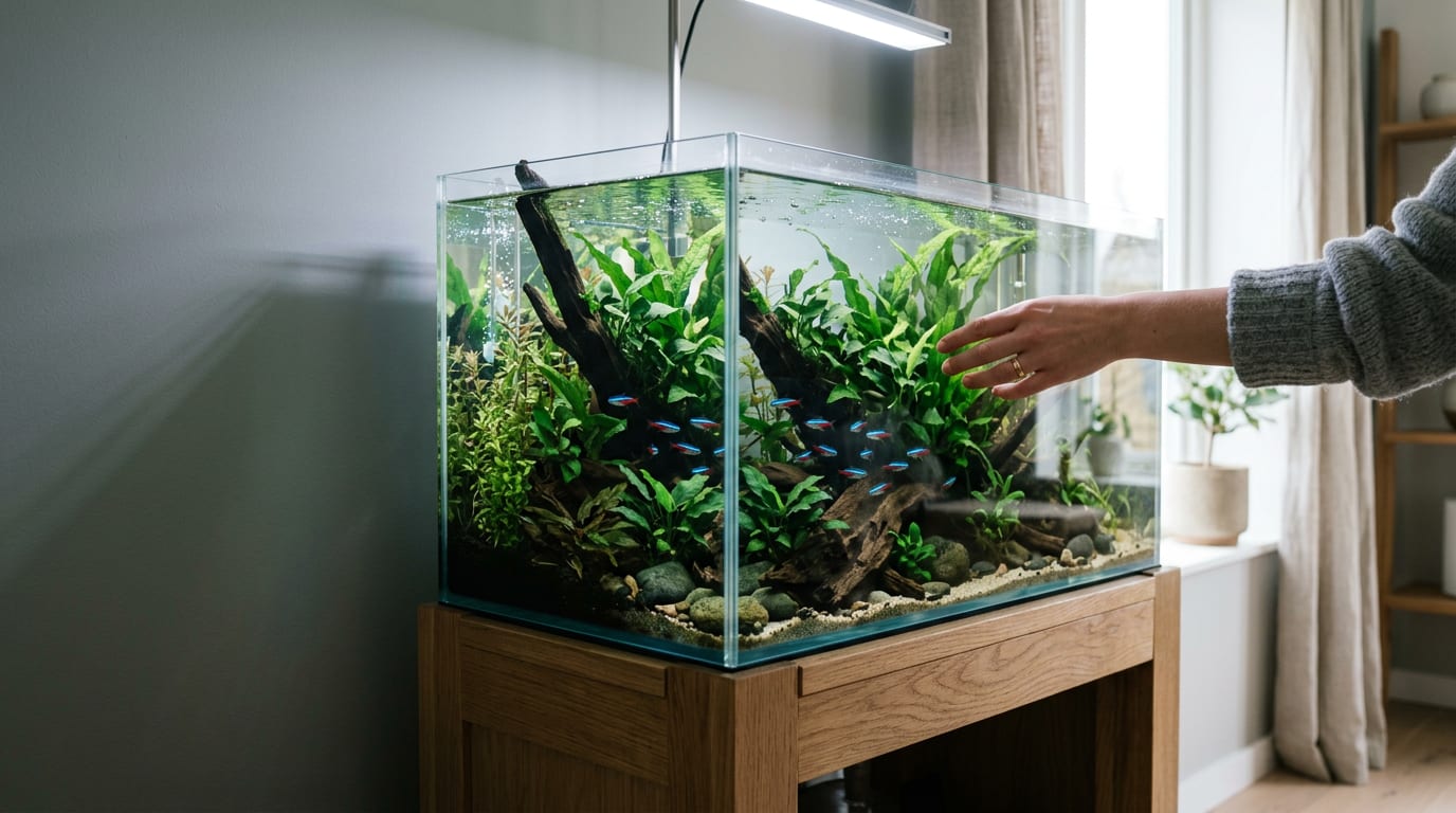 Illustrative image: a hand reaching toward a calm, planted freshwater tank with neon tetras on a wooden stand.