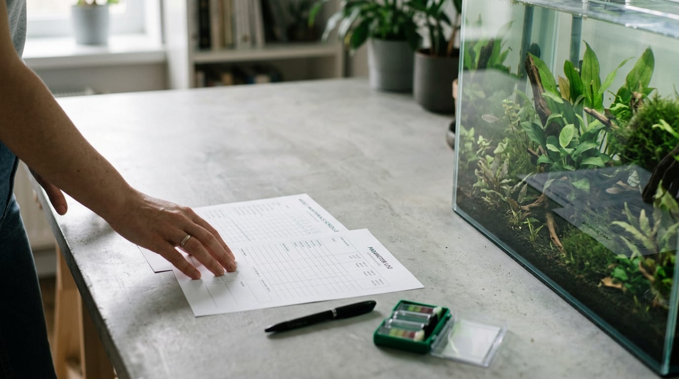 Illustrative image: a hand resting on printed water-log sheets beside a test kit and a planted tank.