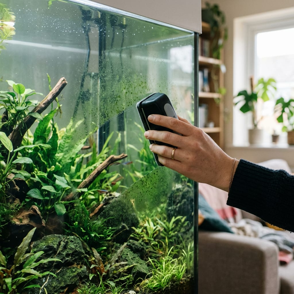 Illustrative image: a hand wiping green algae from the inside of a freshwater tank with a magnetic scraper.